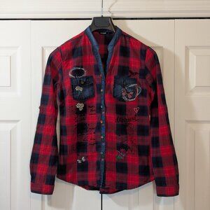 Desigual Women's Red and Blue Plaid Shirt with embroidery - Size S